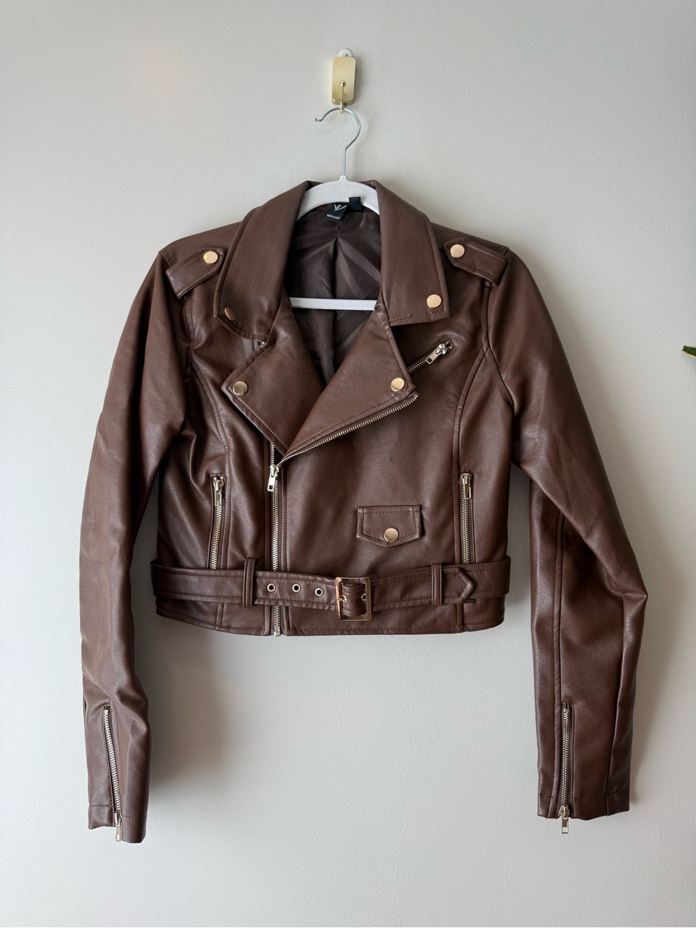 Windsor Brown Faux Leather Moto Jacket with Gold Hardware